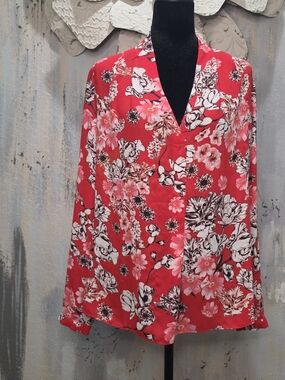Rose & Olive Red & Pink Floral V-Neck Blouse Size Medium